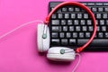 Electronic appliances on pink background. Earphones in red and white