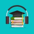 Electronic audio learning or studying online vector illustration, flat cartoon headphones and books stack and graduation Royalty Free Stock Photo