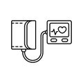 Electronic blood pressure monitor. Linear icon of heart tracking device. Black illustration of textile cuff, rubber hose, plastic