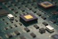 Electronic board with cpu processor and electronic chips technology concept background with DOF Effect Royalty Free Stock Photo