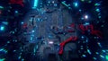 Electronic board, digital components, futuristic design, computer motherboard. Radiators cooling system. Space station skin. 3d