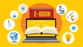 Electronic book ebook with laptop and yellow background