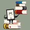 Electronic book with pile of books.