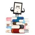 Electronic book and pile of books.