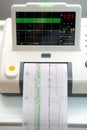 Electronic Cardiotocography Machine Monitoring Fetal Heart Contractions Of Uterus. Printing Cardiogram Report Coming Out