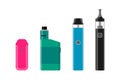 Electronic cigarette set. Colorful vape pen hipster equipments for smoking. E-cigarette collection for vaping. Different