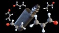 An electronic cigarette or vape with floating molecular models of acrolein. Royalty Free Stock Photo