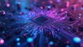 Electronic circuit board close-up features glowing blue, purple lines. Microchip sits in center of tech surface. Data flows Royalty Free Stock Photo