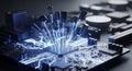Electronic circuit board features glowing energy streams and levitating components highlighting core processing power Royalty Free Stock Photo