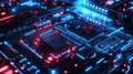 Electronic circuit board glowing with neon blue and red lights Royalty Free Stock Photo