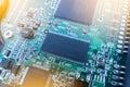 Electronic circuit board with processor, close up. Royalty Free Stock Photo