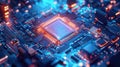 Electronic circuit board showing glowing processor chip Royalty Free Stock Photo