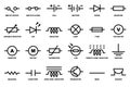 Electronic circuit symbols. Basic electronic elements, schematic switch, ammeter and battery, capacitor and resistor, thermistor Royalty Free Stock Photo
