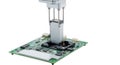 Electronic component testing on pcb motherboard inspection device with white background Royalty Free Stock Photo