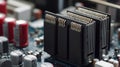Electronic Components on a Circuit Board: RAM Modules and Capacitors Close Up