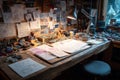 Electronic components, tools, and sketches scattered across a workbench, illuminated by a desk lamp, suggest ongoing engineering Royalty Free Stock Photo