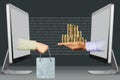 Electronic concept, two hands from laptops. hand with shopping bag and coins. 3d illustration Royalty Free Stock Photo