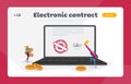 Electronic Contract or Digital Signature Landing Page Template. Businessman Character Put Name as Identification Form