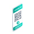 Electronic Covid-19 vaccine passport on smartphone screen with QR code isometric vector concept. 3d Vaccination green