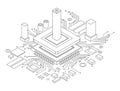 Electronic cpu digital chip monochrome. Processor and electronic components on motherboard or circuit board. Microchip Royalty Free Stock Photo