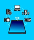 Smartphone. Electronic device icons. Laptop, system unit, speakers, memory card, disk, smartphone, and camera Royalty Free Stock Photo