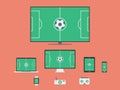 Electronic Devices with Football / Soccer Game On Screens. Green Field On Television Set, Desktop Computer, Laptop, Tablet, Mobile Royalty Free Stock Photo