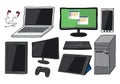 Electronic devices including computer, laptop, smart phone, tablets, keyboard, games controller and ear phones Royalty Free Stock Photo