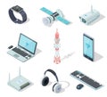 Electronic devices. Isometric wireless gadgets connection. Remote controller, cell phone router. Connection technology