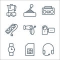 Electronic devices line icons. linear set. quality vector line set such as earphone, sim, watch, handy, hair dryer, extending