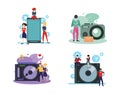 Electronic devices and mini people characters Royalty Free Stock Photo