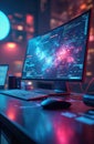 Electronic devices on table, coding elements on screen. Modern web design concept with graphic tools. Desktop computer, vibrant Royalty Free Stock Photo
