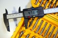 Electronic digital vernier caliper details and close-up. The appearance of an electronic digital vernier caliper