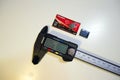 Electronic digital vernier caliper details and close-up. The appearance of an electronic digital vernier caliper