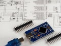 Electronic DIY project Arduino.Electronics and microprocessor.Drawing on a light background.Do it yourself.Programming and Royalty Free Stock Photo