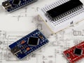 Electronic DIY project Arduino.Electronics and microprocessor.Drawing on a light background.Do it yourself.Programming and Royalty Free Stock Photo