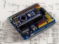 Electronic DIY project Arduino.Electronics and microprocessor.Drawing on a light background.Do it yourself.Programming and Royalty Free Stock Photo