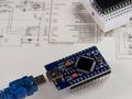 Electronic DIY project Arduino.Electronics and microprocessor.Drawing on a light background.Do it yourself.Programming and Royalty Free Stock Photo