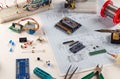 Electronic DIY project Arduino.Electronics and microprocessor.Drawing on a light background.Do it yourself.Programming and Royalty Free Stock Photo
