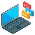 Electronic documents on laptop isometric icon. Online library Royalty Free Stock Photo