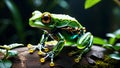 electronic dream - robotic frog dancing in artificial jungle, hypnotic mix of colors and futuristic mechanics