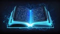 Electronic e book reading for study new skills, development of imagination, opened blue neon glowing