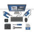 Electronic engineering workbench setup with essential tools Royalty Free Stock Photo
