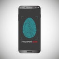 Electronic fingerprint on pass scanning mobile phone screen, security check. Futuristic technology for digital security Royalty Free Stock Photo