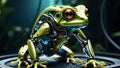 electronic gaze - hybrid frog dances among blue, green, orange colors in artificial jungle