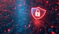 Electronic glowing red padlock shield over circuit board digital data protection, network security. Cybersecurity tech concept