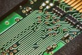 Electronic green circuit board. Macro.