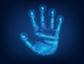 Electronic Hand Scan Technology On Blue Dark Background. Handprint Cyber Security. Fingerprints Identification Concept. Biometric