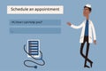 Electronic health concept. Black cartoon doctor asking how he can help. Making online appointment.