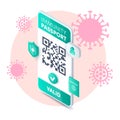 Electronic health passport QR code app isometric concept. Vector Covid-19 valid immunity pass certificate on smartphone