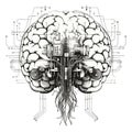 Electronic human brain. AI digital circuits learning electric circuits intellect, head brains digitized technology